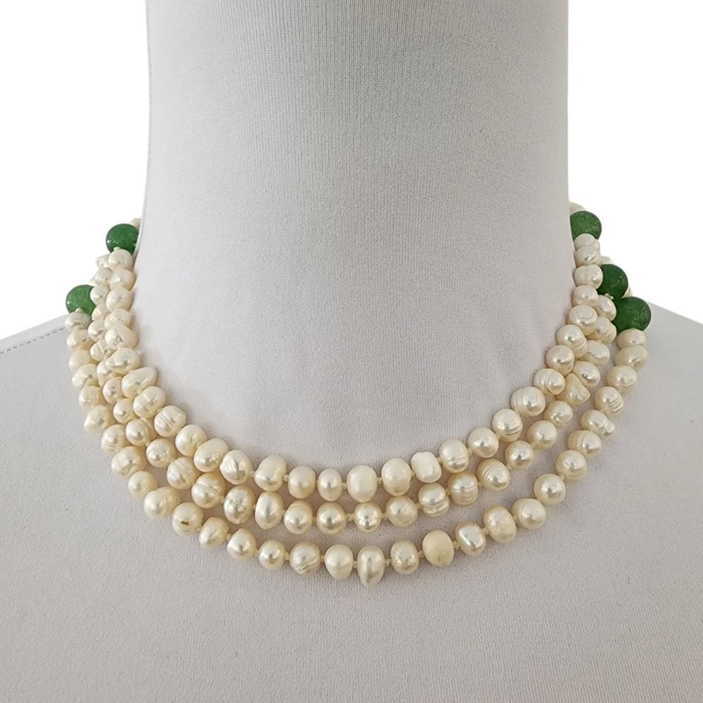 Extra long pearl necklace with green apple quartz hand knotted pearls L511 -Q5